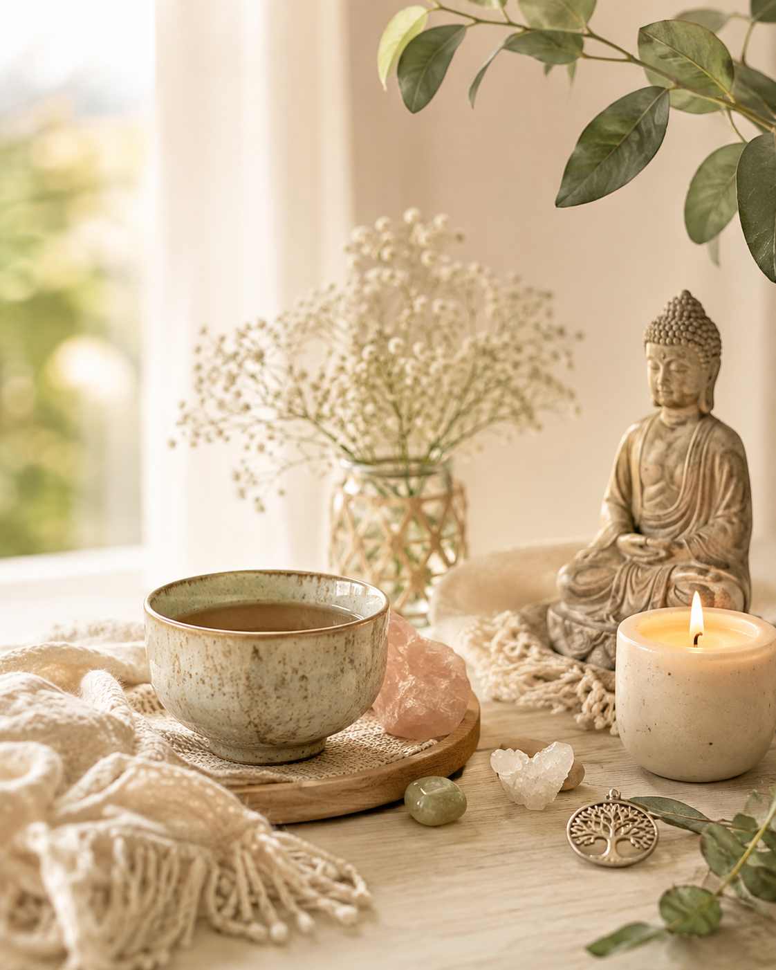 A calm wellbeing scene with tea, crystals, soft light, and a peaceful meditation-inspired atmosphere.