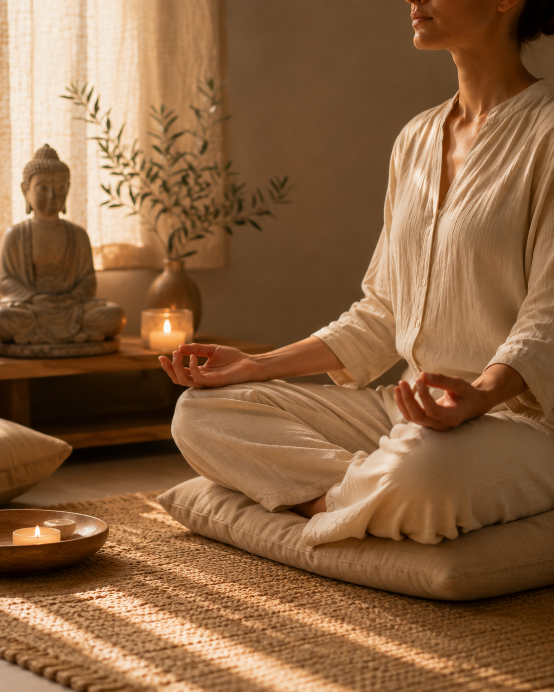 Woman sitting in a softly lit meditation space beside a Buddha figure and warm candlelight.