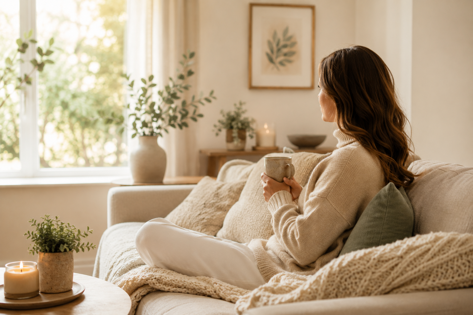 Woman sitting on a sofa by a window, holding a warm drink in a soft, peaceful home setting.