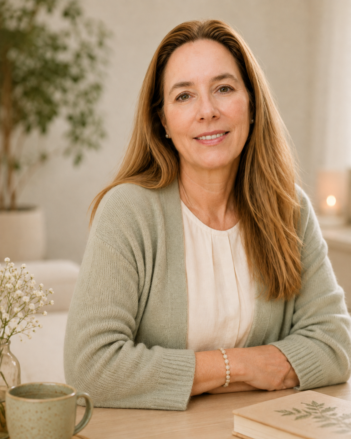 Portrait of Helen in a calm, softly lit setting, wearing a sage green cardigan and sitting at a table with a cup and book.