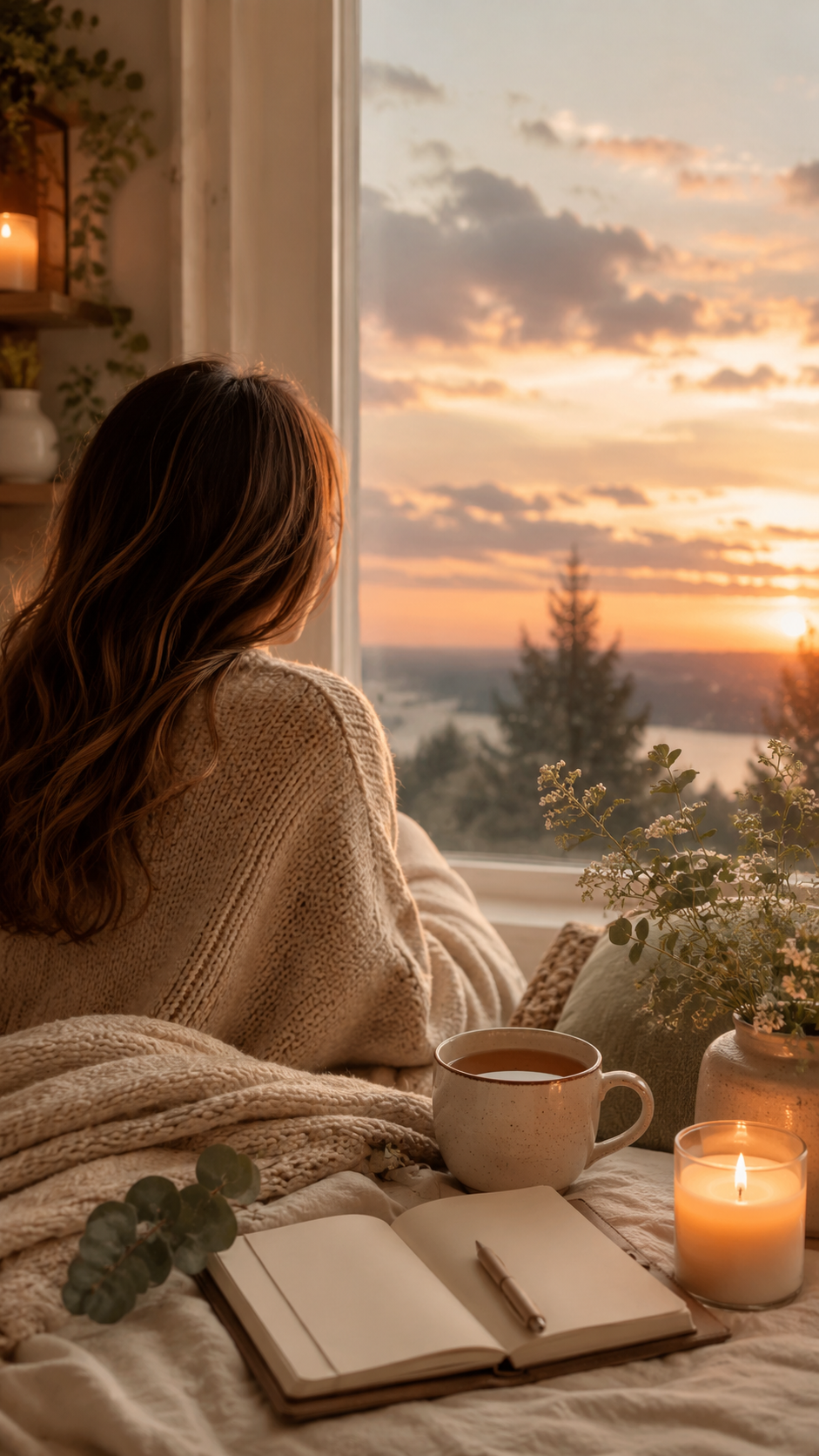 A calm woman sitting by a window at sunset with tea, a journal and a candle, representing emotional overwhelm, overthinking and calm support from Simply Balanced Life.