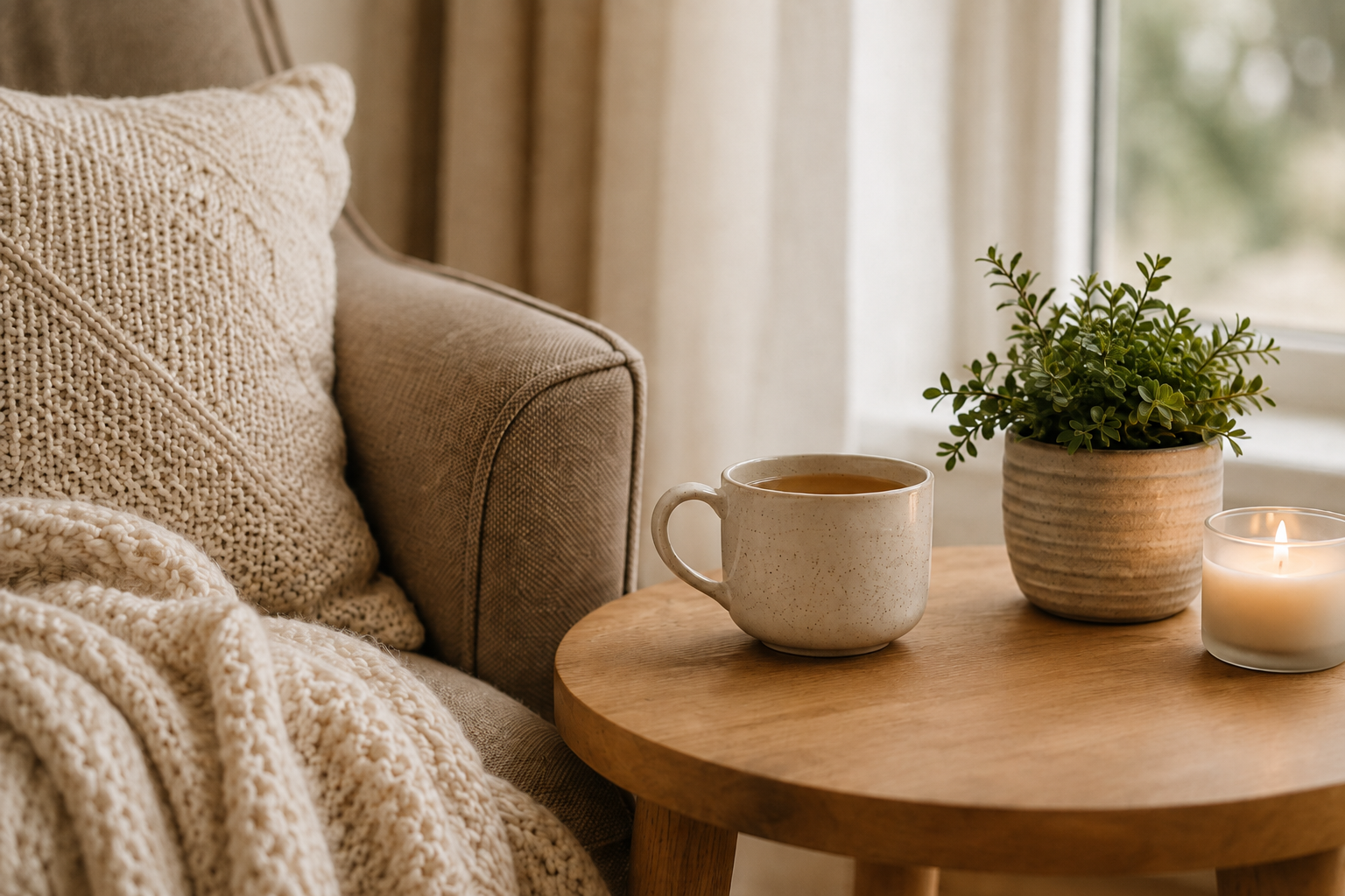 Cozy living room corner with a cup of tea, a lit candle, and a small green plant on a wooden side table.