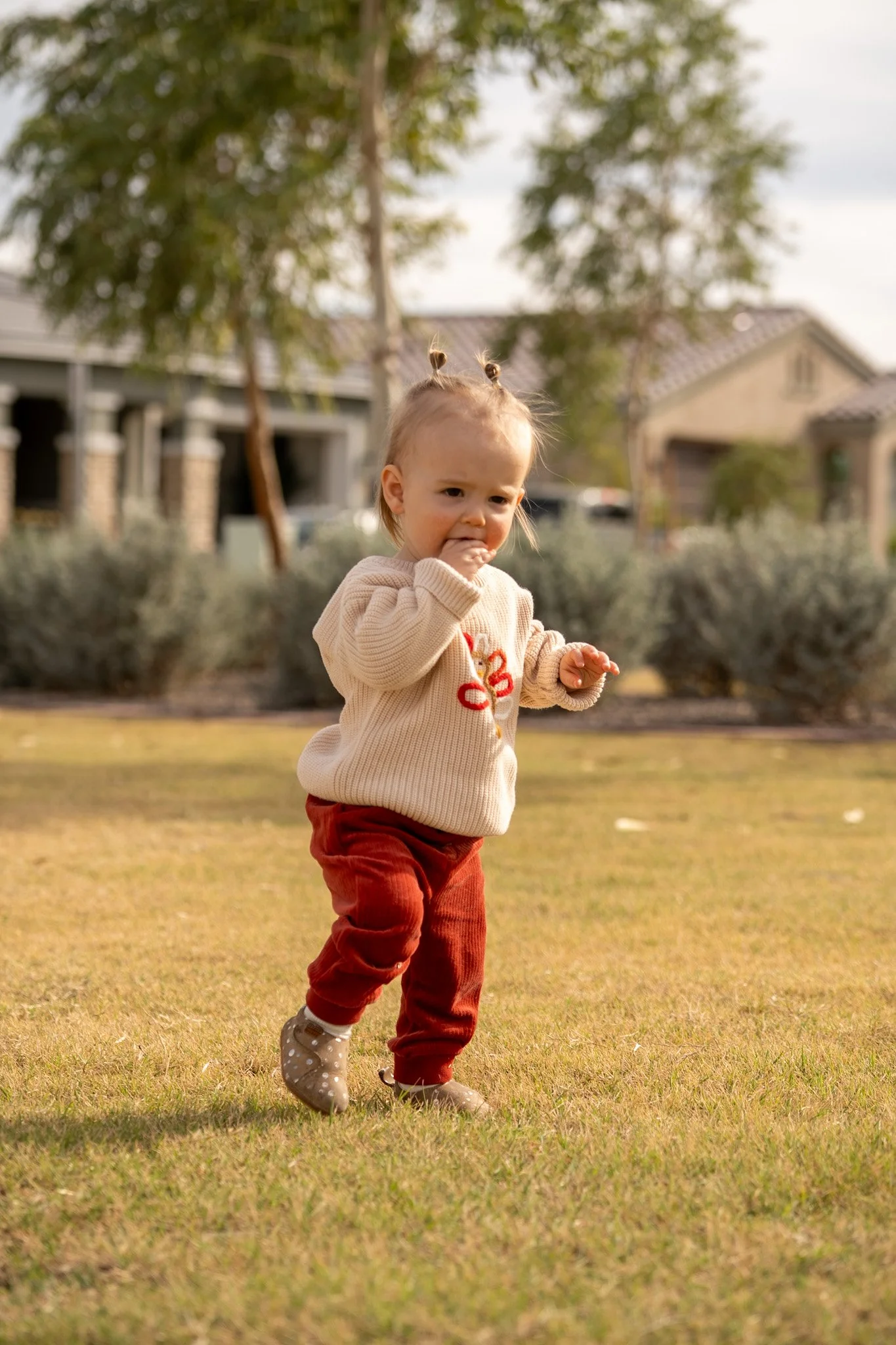 A young girl with light brown hair tied in two buns, wearing a beige sweater with red designs, red pants, and polka-dot shoes, walking on grass in a suburban neighborhood with trees and houses in the background.
