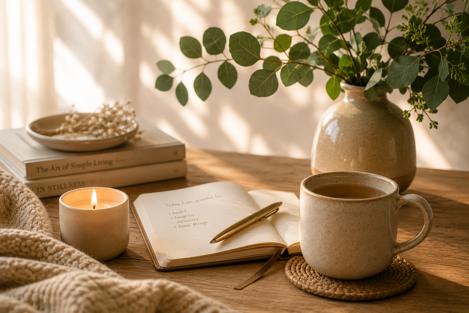 A cozy table setting with a lit candle, an open gratitude journal with a pen, a mug of tea on a woven coaster, a large vase with green foliage, and a small stack of books. Soft sunlight filters through a window in the background.