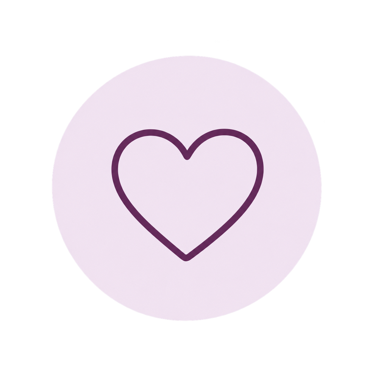 A light purple circular button with a dark purple outline of a heart in the center.