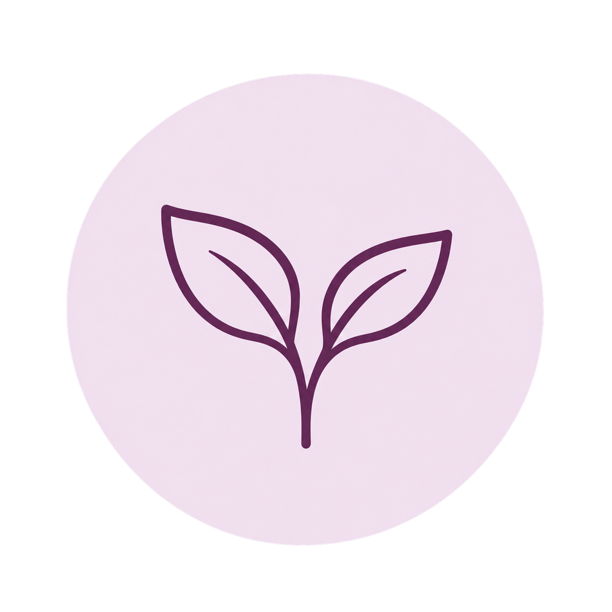 A purple outline of a small plant with two leaves on a light purple circular background.