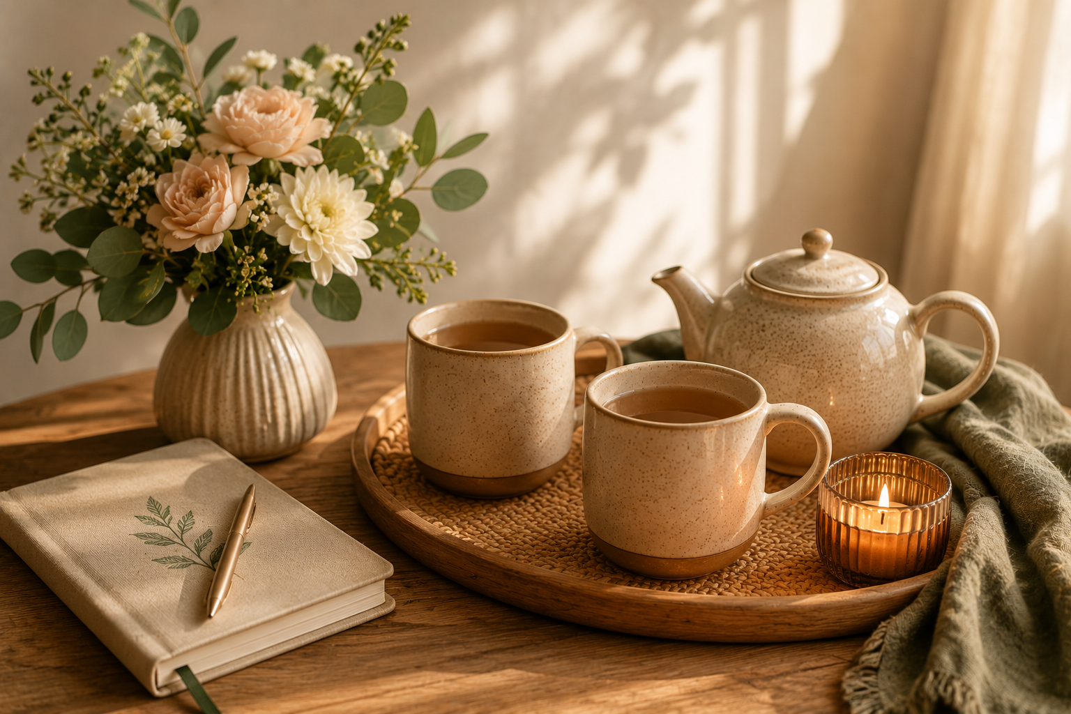 A cozy scene of a tray with two cups of tea, a teapot, a candle, and a bouquet of white flowers on a wooden table. There is a notebook and pen nearby, with soft sunlight and curtains in the background.