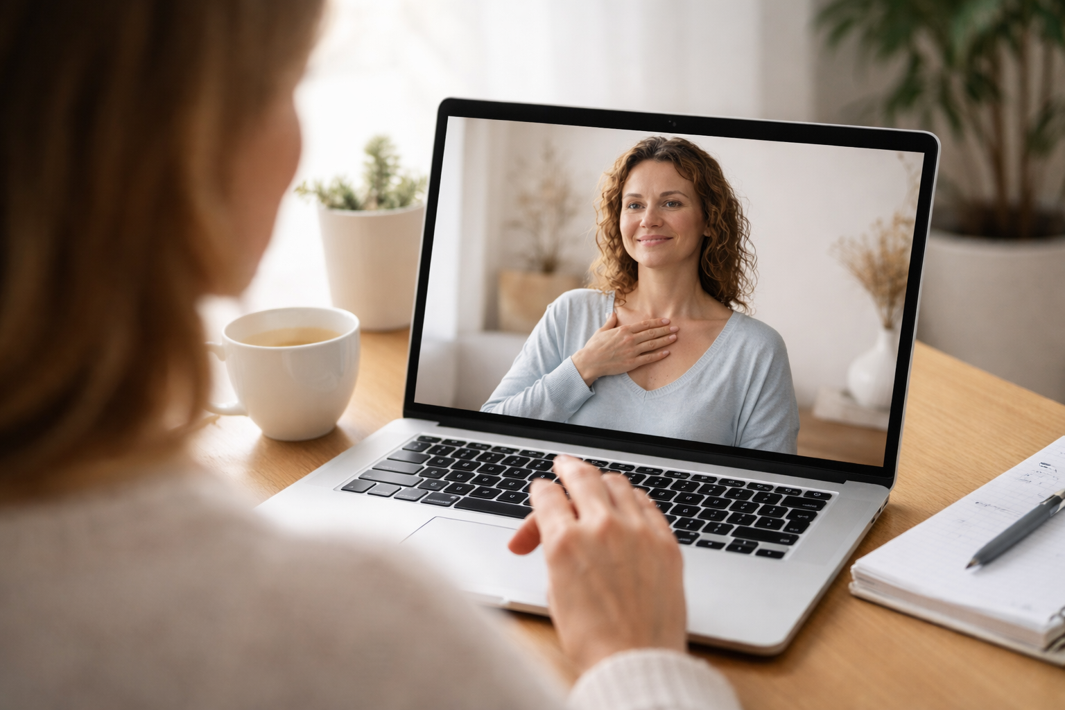A woman is having an EFT video call / video call on her laptop, showing another woman touching her chest.