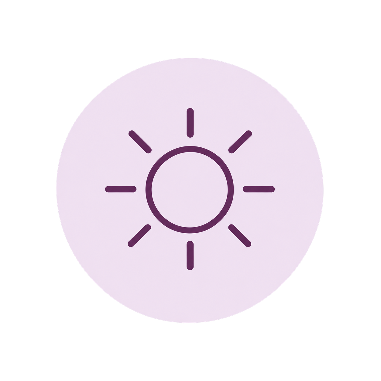 A round light switch with a purple outline and purple rays radiating from the center, set against a light purple background.
