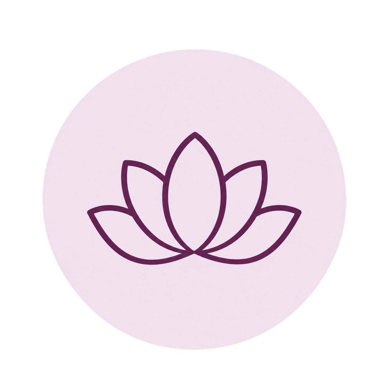 A circular icon with a light pink background and a dark purple lotus flower outline in the center.