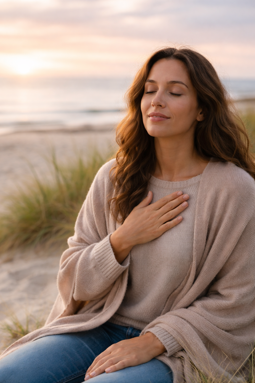a lady sitting on the beach finding calmness after eft tapping