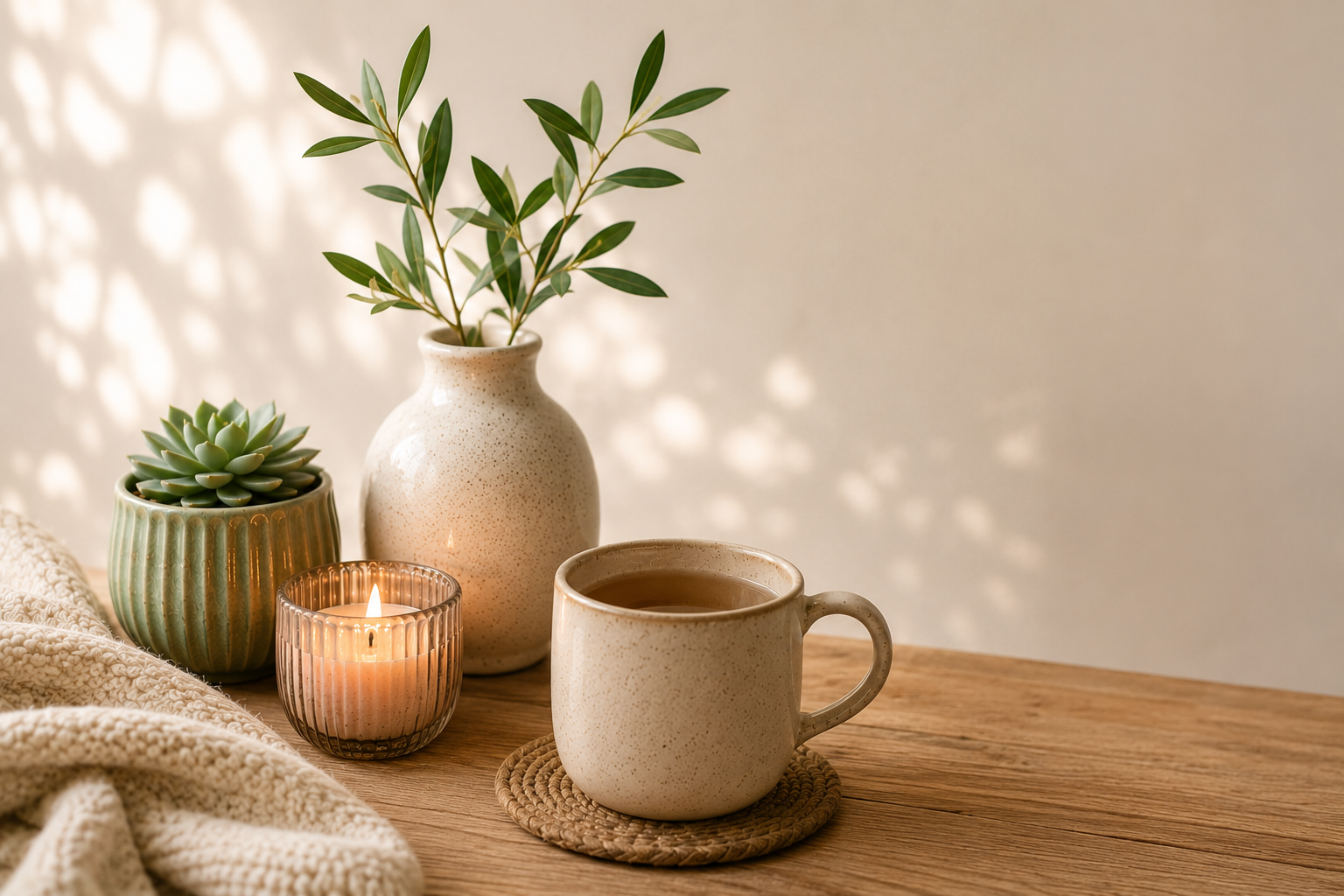 A cozy scene with a cup of tea, a potted succulent, a vase with green leaves, a lit candle in a ribbed glass holder, and a soft blanket on a wooden surface showing the safety of an EFT session.