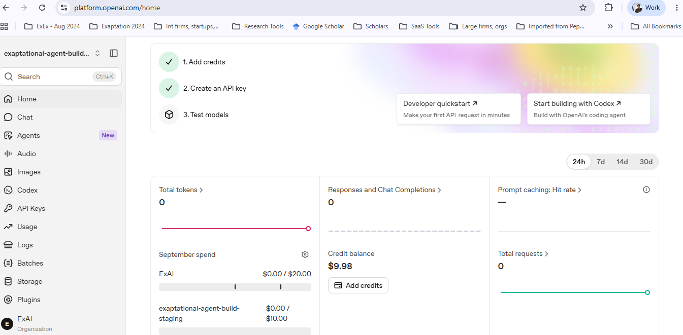 Screenshot of an OpenAI API platform dashboard showing account details, navigation menu on the left, and options for adding credits, creating an API key, and testing models.