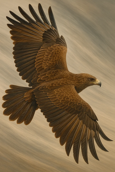 A brown eagle soaring in the sky with its wings spread wide.