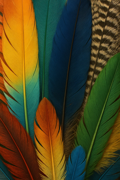 A bunch of colorful feathers including yellow, turquoise, dark blue, striped, green, orange, and red feathers.