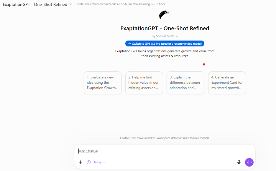 Image of custom ExaptationGPT developed for client-facing use by Exaptation AI