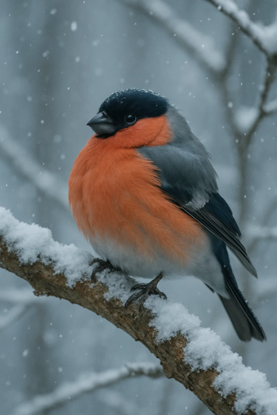 A male bullfinch bird with a bright orange chest and black head perched on a snowy tree branch in a winter setting.