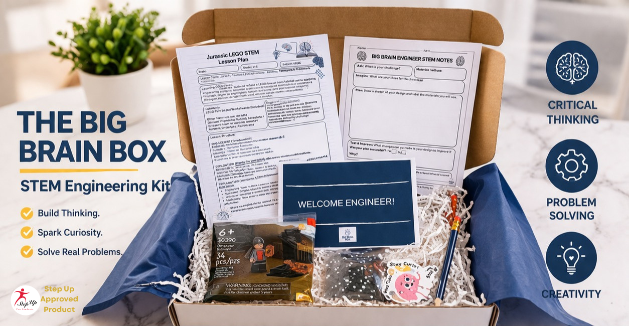 Open STEM engineering kit box with papers, a welcome card, LEGO pieces, and a pencil, on a table with a potted plant in the background.