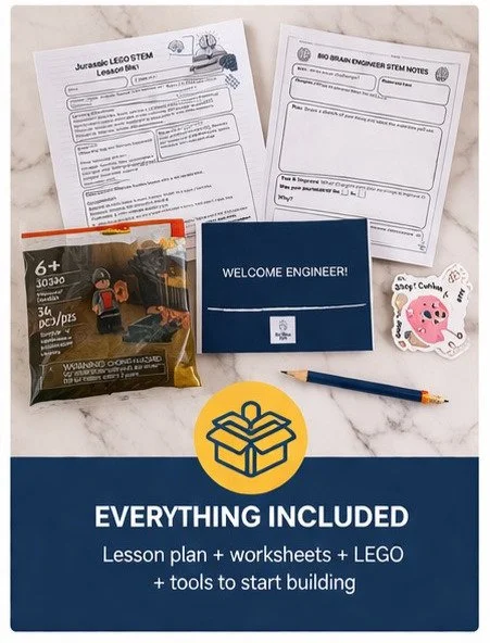 Open educational kit including worksheets, a welcome card, a LEGO STEM set, and a sticker on a marble surface.