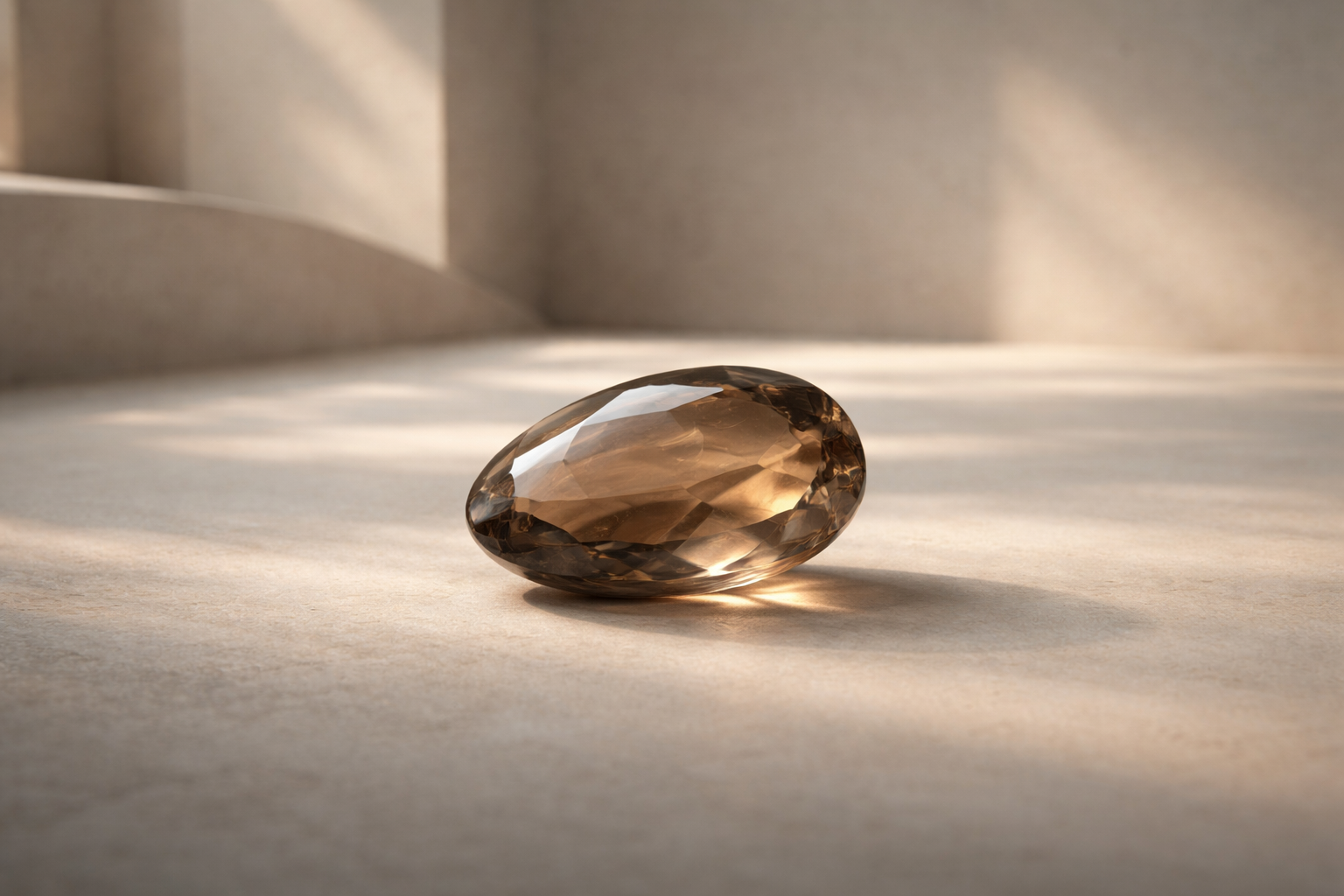 Ein glatt polierter, braun schimmernder Edelstein liegt auf einem hellen, strukturierten Untergrund, mit weichem Licht und neutralem Hintergrund.