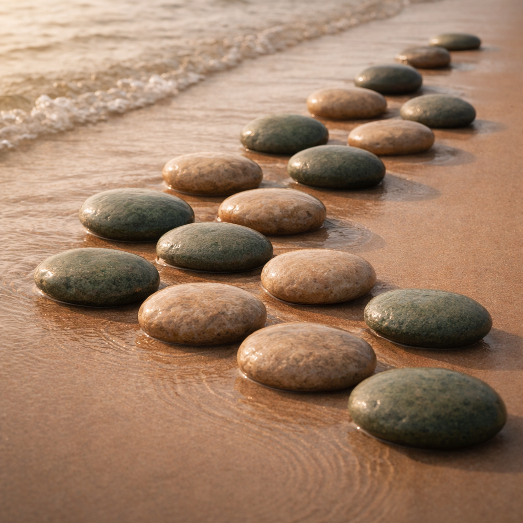 Steine auf Sandstrand am Meer bei Sonnenuntergang