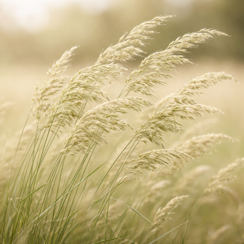 Nahaufnahme von goldenen Gräsern im Wind, unscharfer Hintergrund.