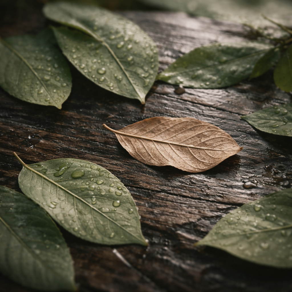 Nasse Blätter auf einem alten Holzstück, einige grün mit Wassertropfen, ein braunes Blatt in der Mitte.