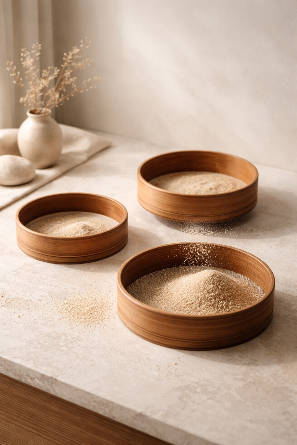 Drei runde Holzschalen mit Mehl auf einem weißen Tisch, im Hintergrund eine weiße Vase mit getrockneten Zweigen und Steinen.