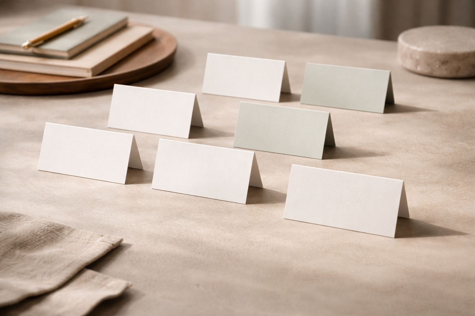 Mehrere leere, eingerückte Karten in neutralen Farben stehen auf einem Tisch, im Hintergrund ein runder Holztablett mit Notizbüchern und einem Stift.