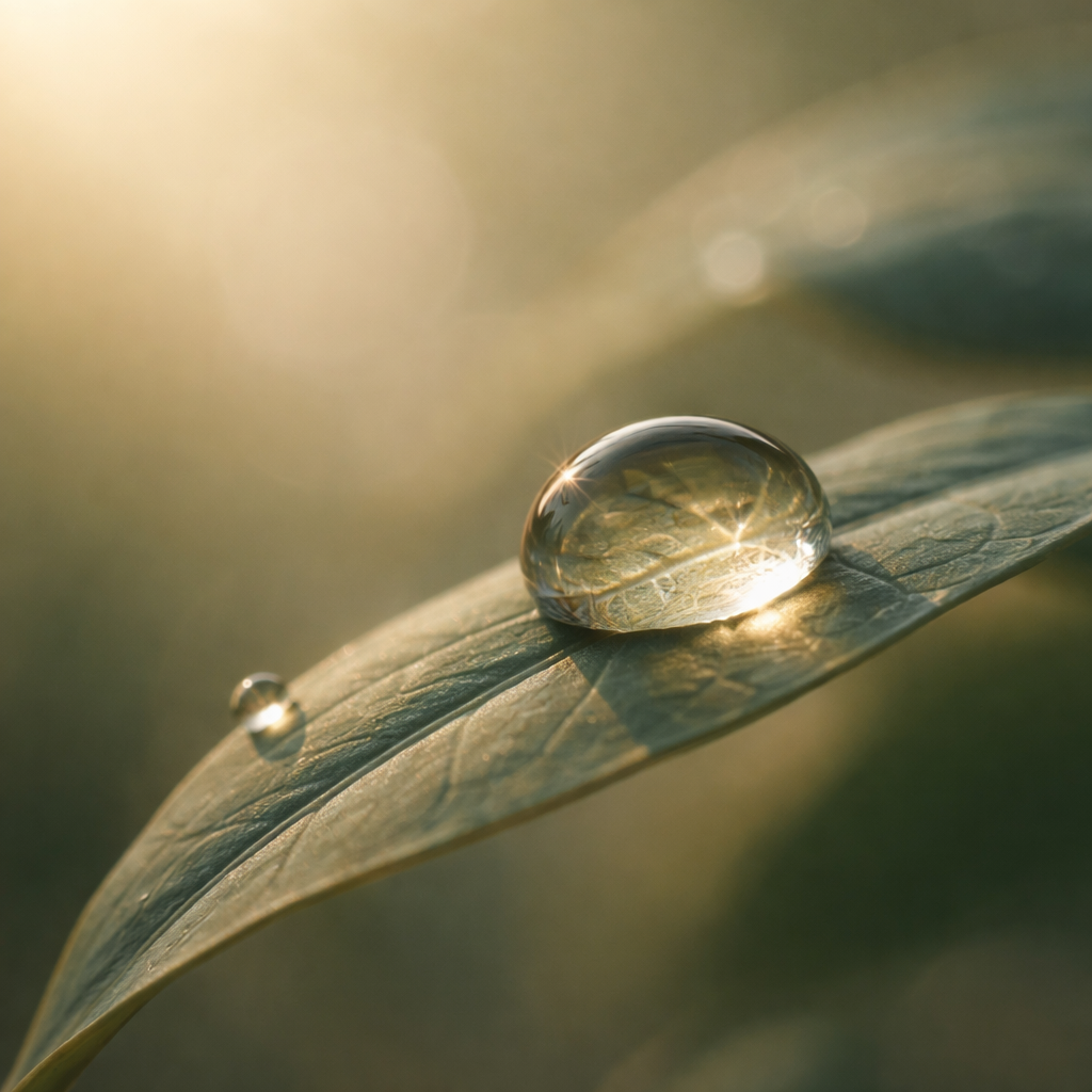 Nahaufnahme eines Wassertropfens auf einer grünen Blattform, mit sanftem Licht im Hintergrund.