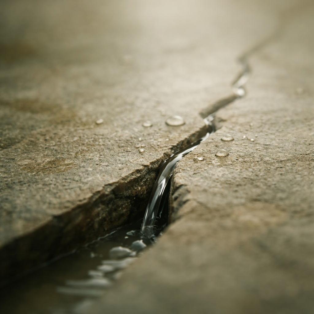Nahaufnahme eines Wasserlaufs, der durch eine Riss in einer betonierten Oberfläche fließt, mit Wassertropfen auf der Oberfläche.