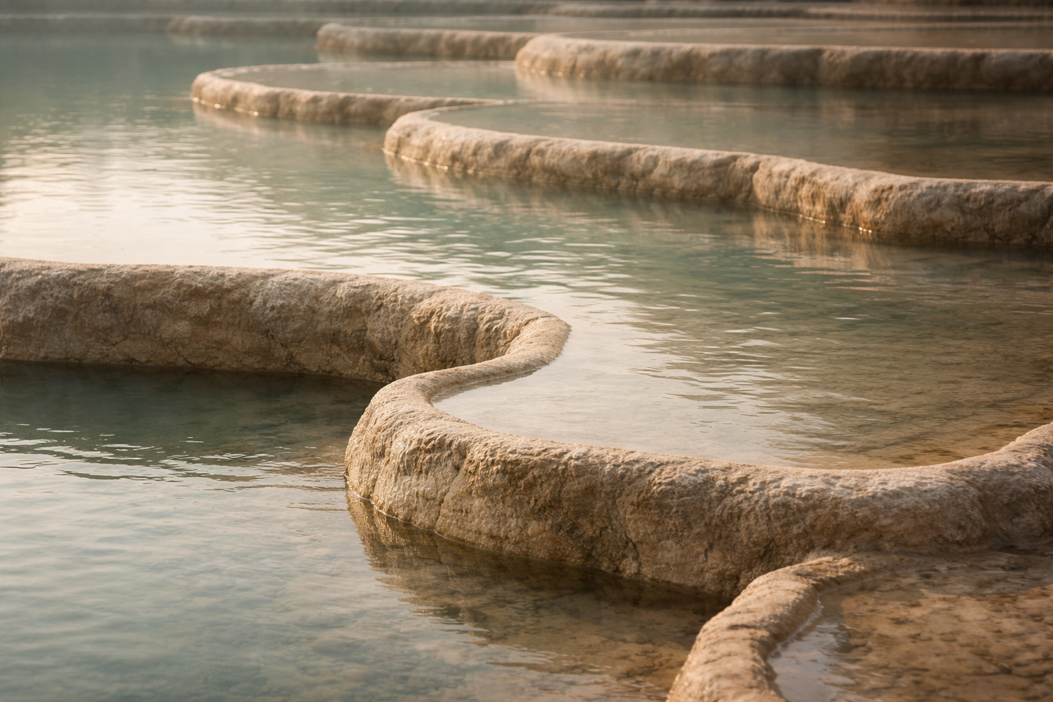 Natürliche badeterrassen mit kalksteinumrandungen im Wasser, warmes Sonnenlicht, beruhigende Wasserreflectionen
