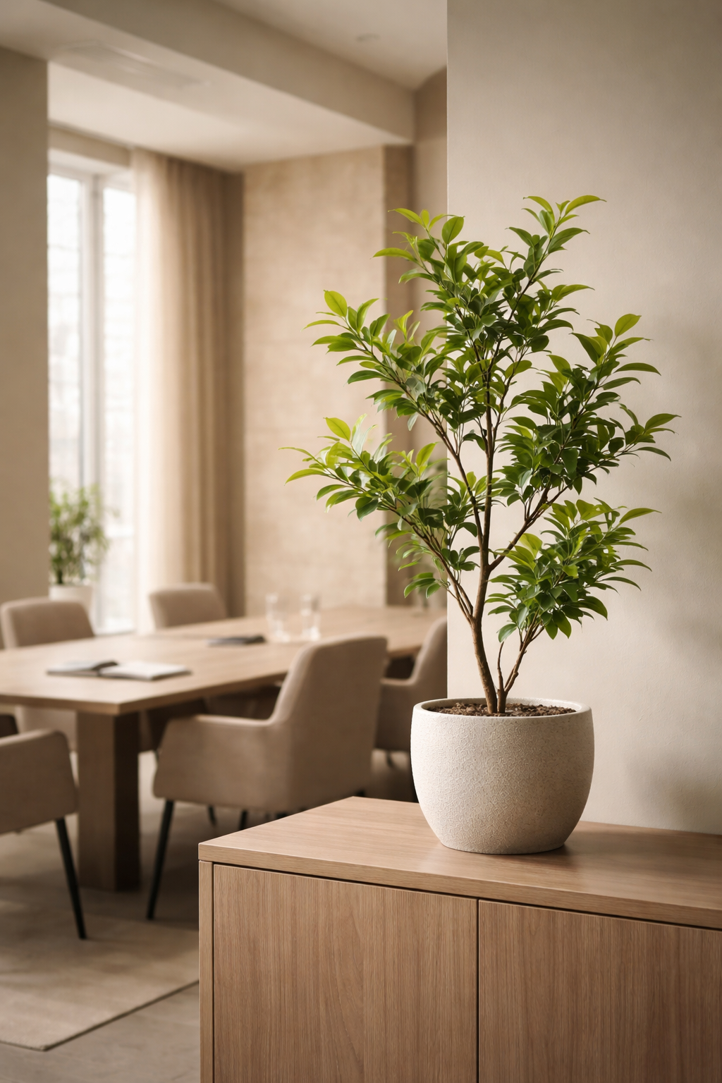 Zimmer mit Blumentopf und grünem Baum, Esstisch im Hintergrund, natürlicher Lichteinfall.