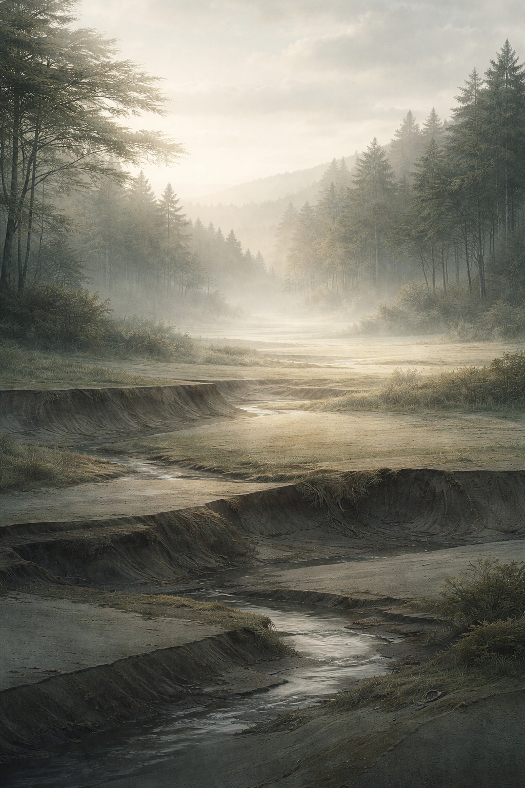 Düsterer, nebliger Wald mit einem kleinen Fluss, umgeben von Baumgruppen und Hügeln im Hintergrund.