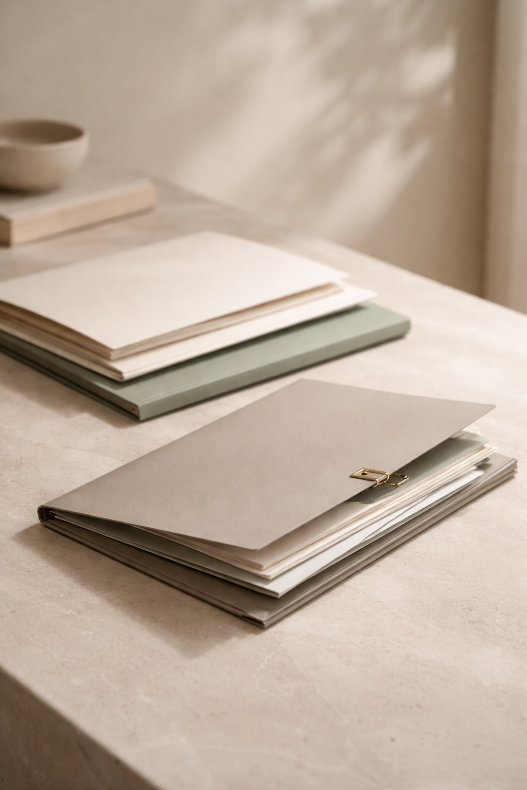 Haufen von Aktenordnern und Papieren auf einem Tisch, mit einem beige Orden mit goldenen Befestigungen auf der Spitze.