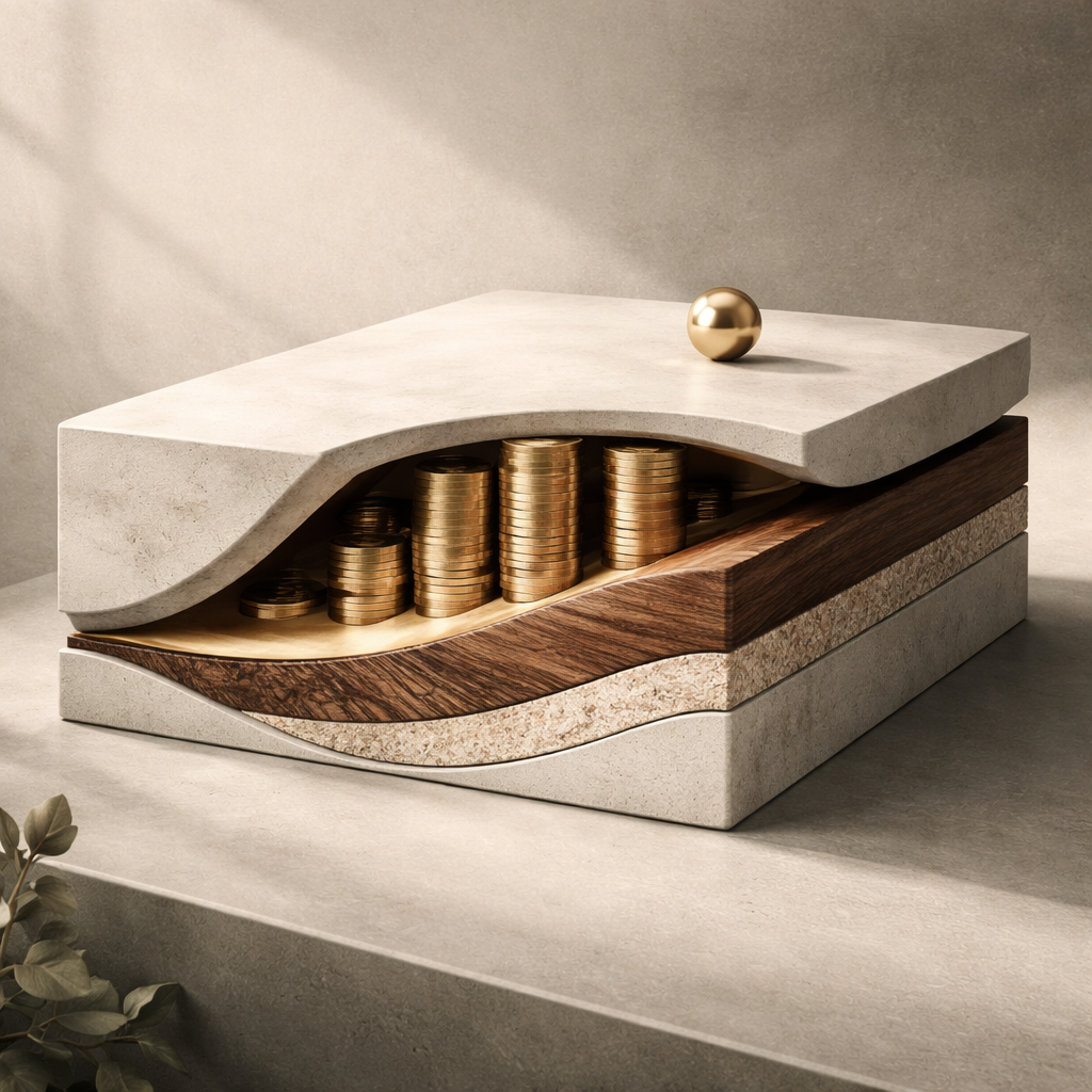 Kunstvoll gestaltete Skulptur mit Münzstapeln, einer goldenen Kugel und verschiedenen Holz- und Marmorelementen