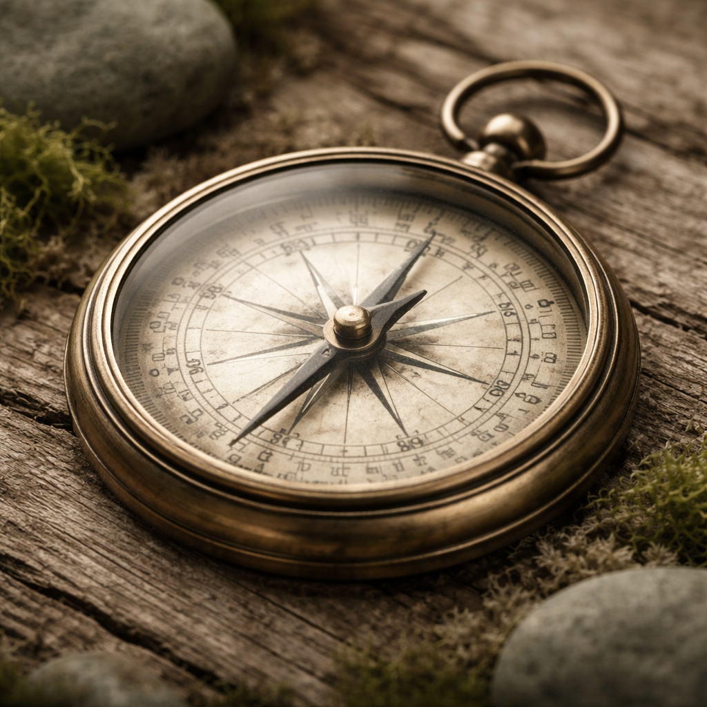 Alter Kompass auf Holzoberfläche mit Steinen und Moos