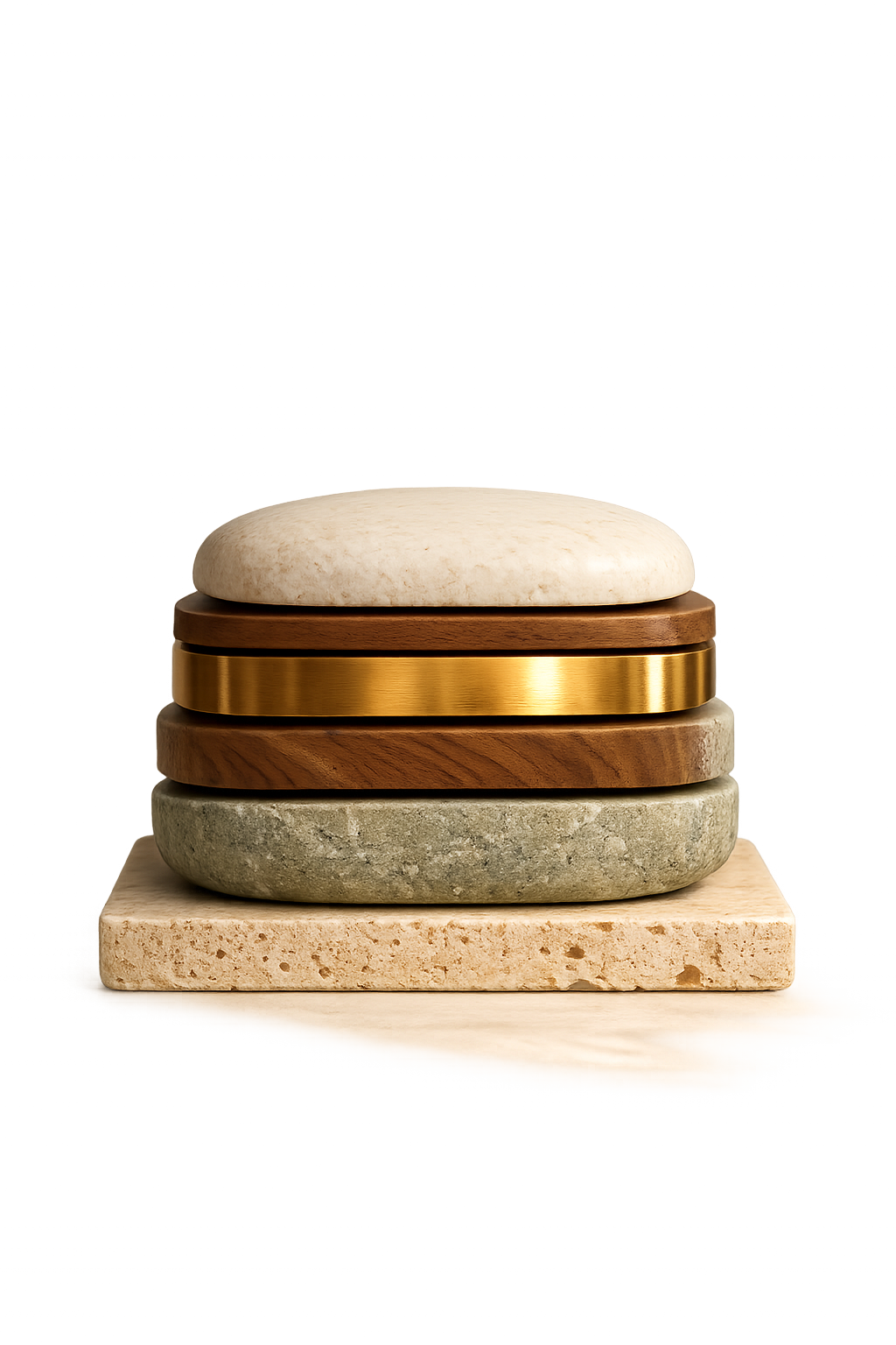 Fünf unterschiedlich große Steine und Holzscheiben, übereinander gestapelt, auf einer hellen Oberfläche.