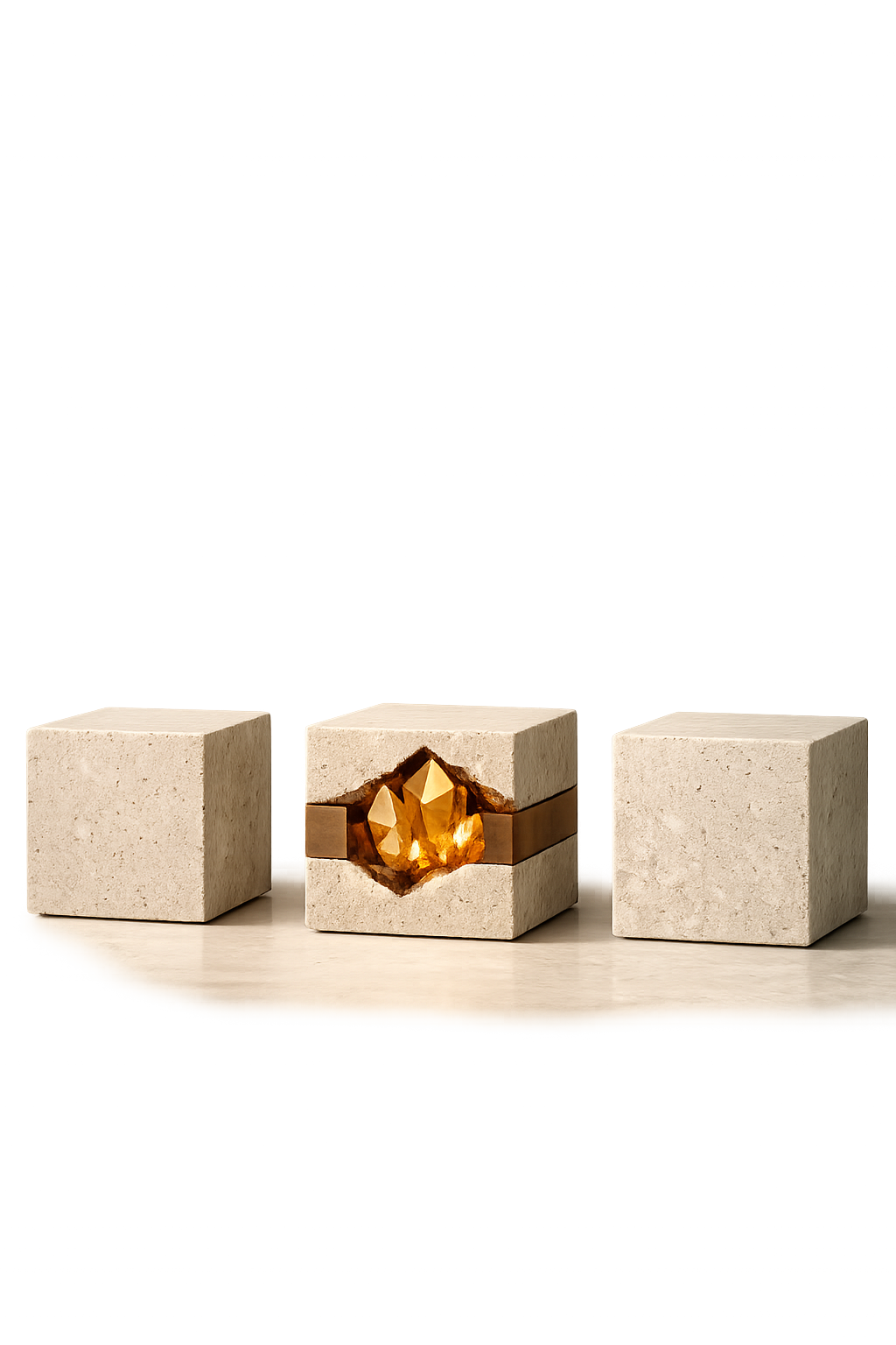 Drei Zementwürfel, der mittlere zeigt einen goldenen Kristall im Inneren.