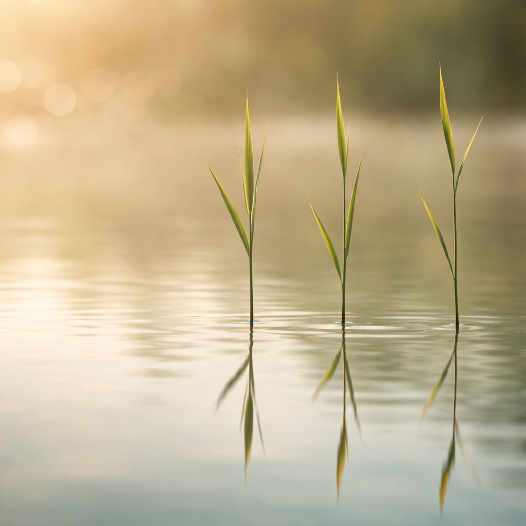 Nahaufnahme von vier grünen Gräsern, die im Wasser wachsen, mit reflektierendem Wasser und verschwommenem Hintergrund im goldenen Licht.