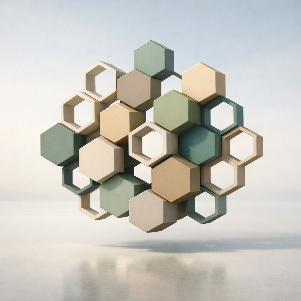 Hexagon-Struktur als Symbol für Umsatz-Zahlen, die im Unternehmen verbunden, geordnet und wirtschaftlich verständlich werden