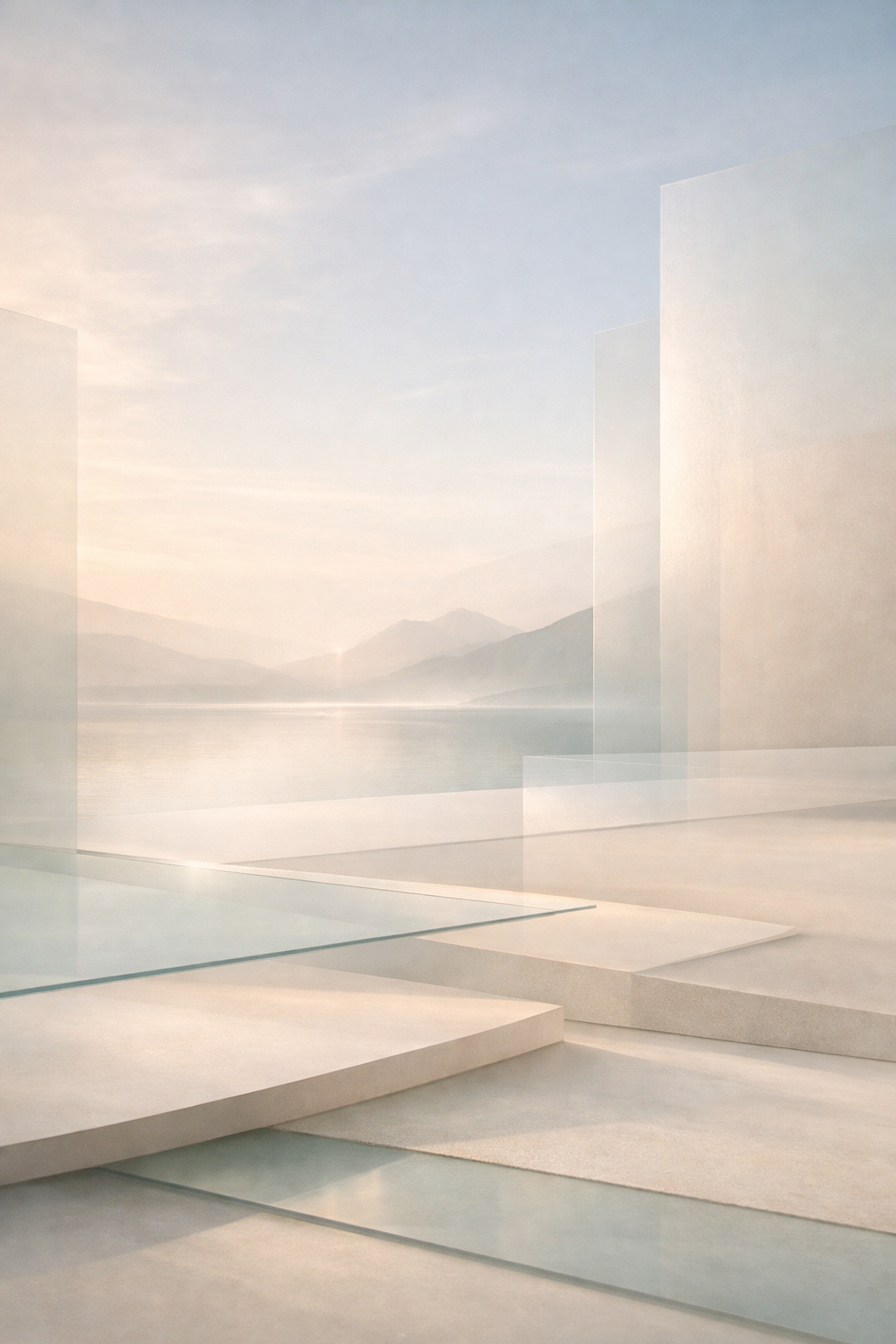 Modernes, minimalistisches Gebäude mit transparenten Glaswänden, Blick auf einen See und Berge bei Sonnenaufgang oder Sonnenuntergang.