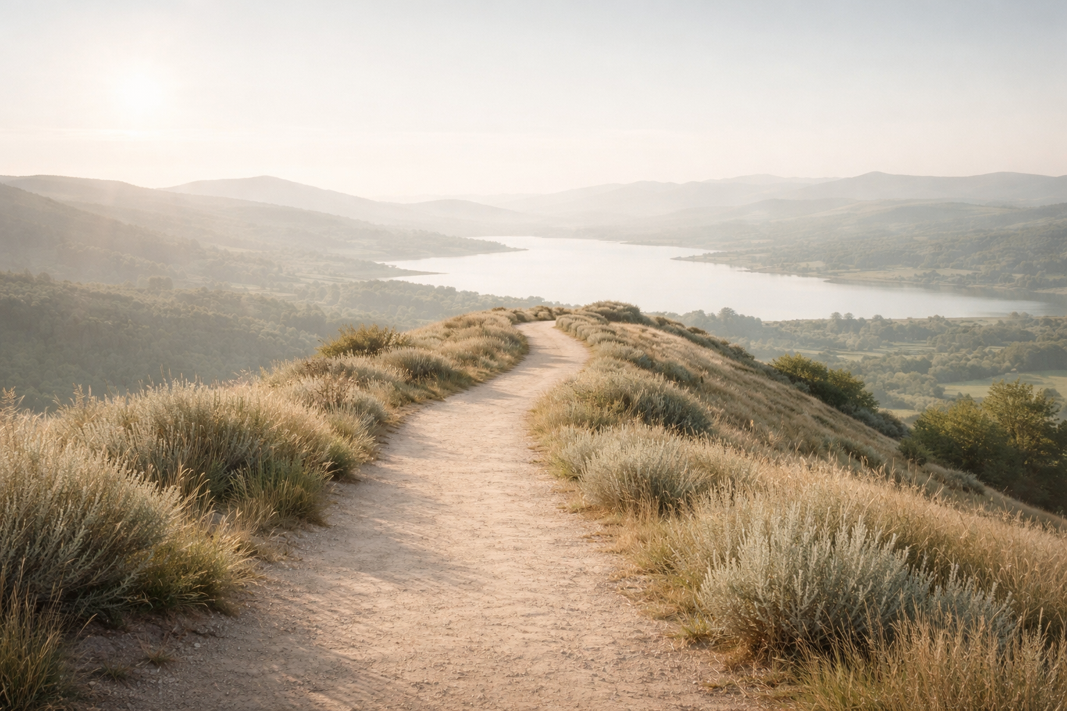 Ein Wanderweg führt über eine hügelige Landschaft mit Gras und Sträuchern, Blick auf einen Fluss im Tal und weit entfernte Berge bei Sonnenaufgang.