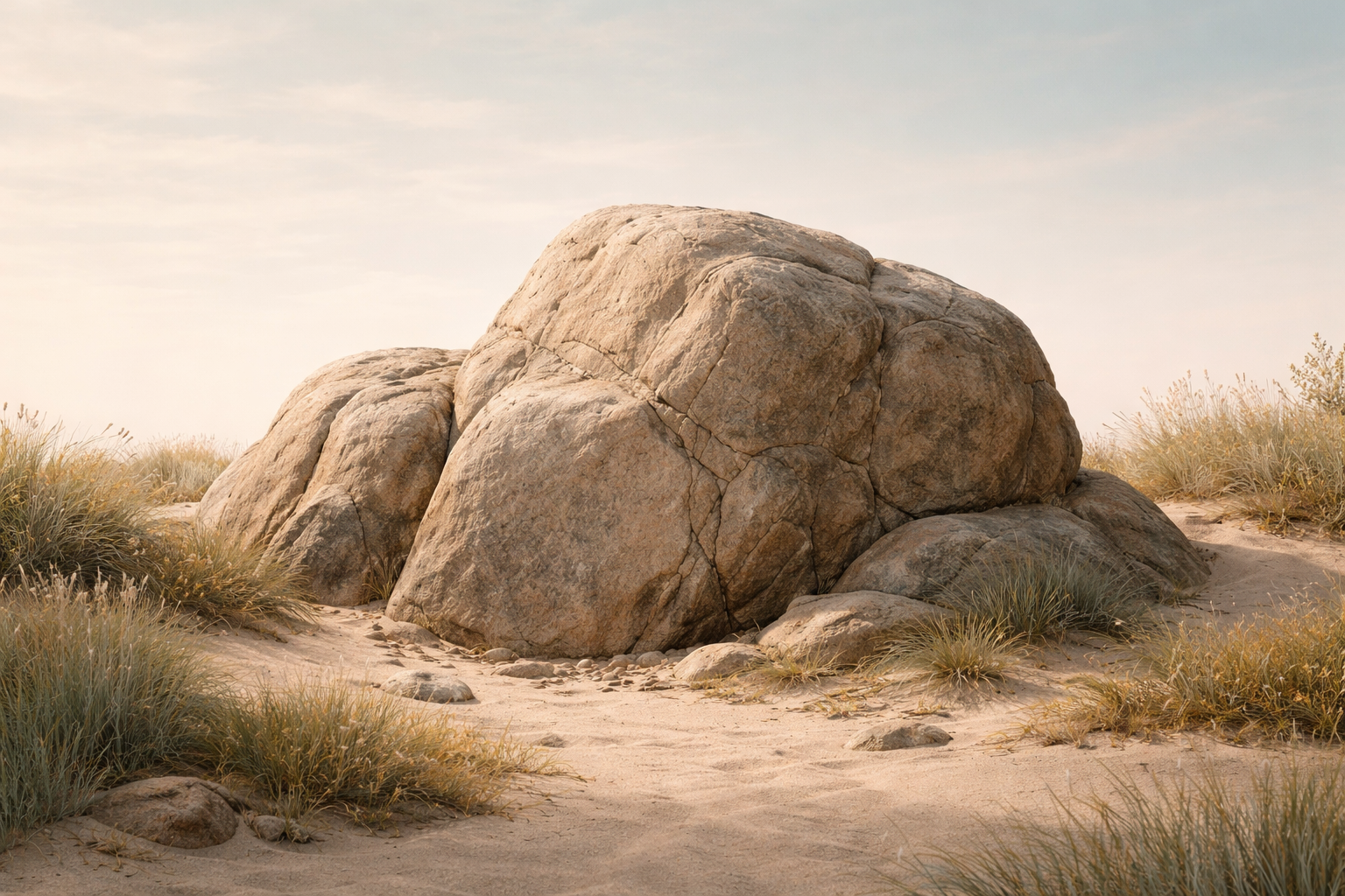Großer Felsen in einer Wüstenlandschaft mit Sand und trockenem Gras.