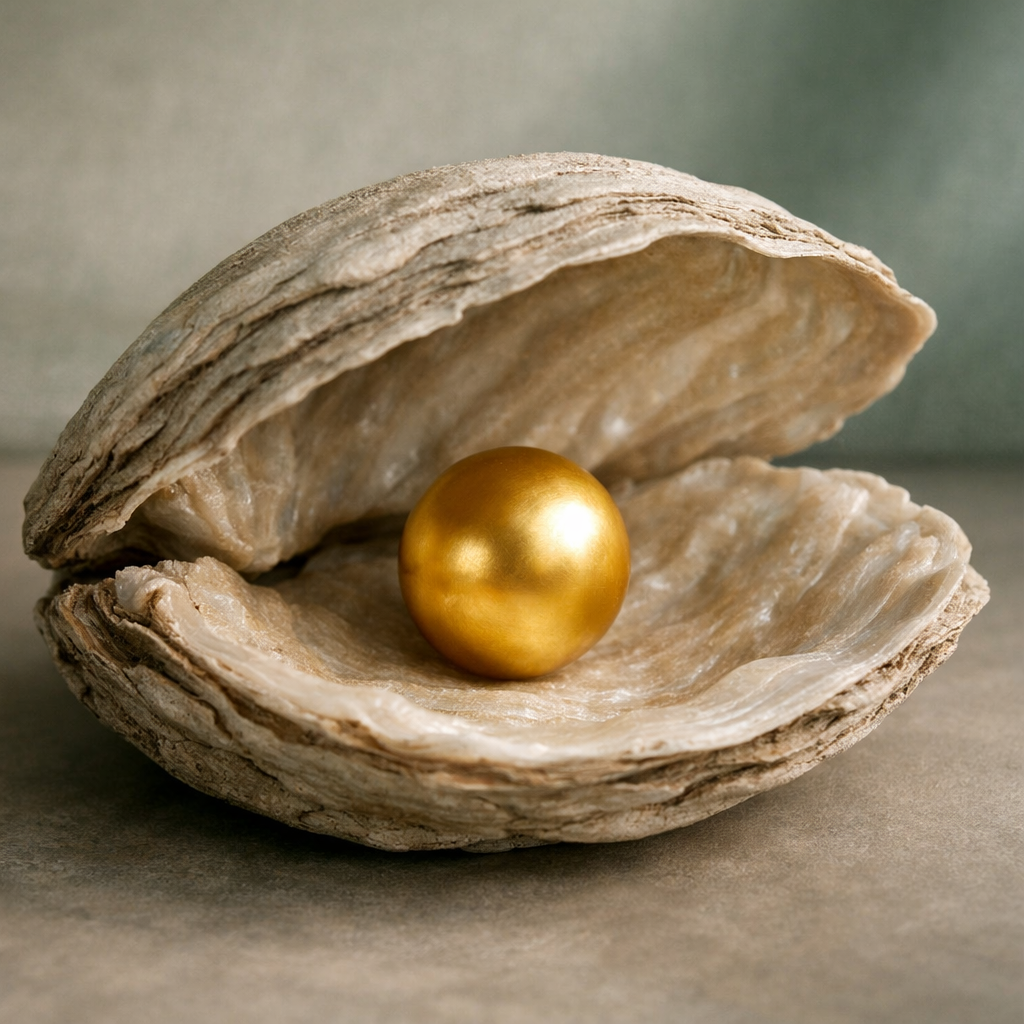 Muschel mit goldener Kugel als Symbol dafür, aus Umsatz, Kosten und Ergebnissen wirtschaftlich sinnvolle Erkenntnisse zu gewinnen