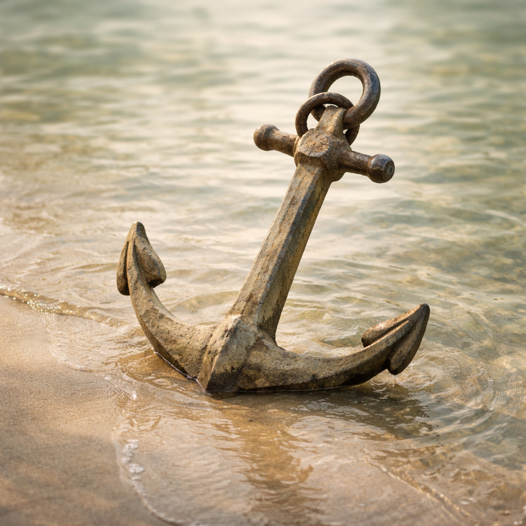 Ein verrosteter Anker liegt am Strand im Wasser.