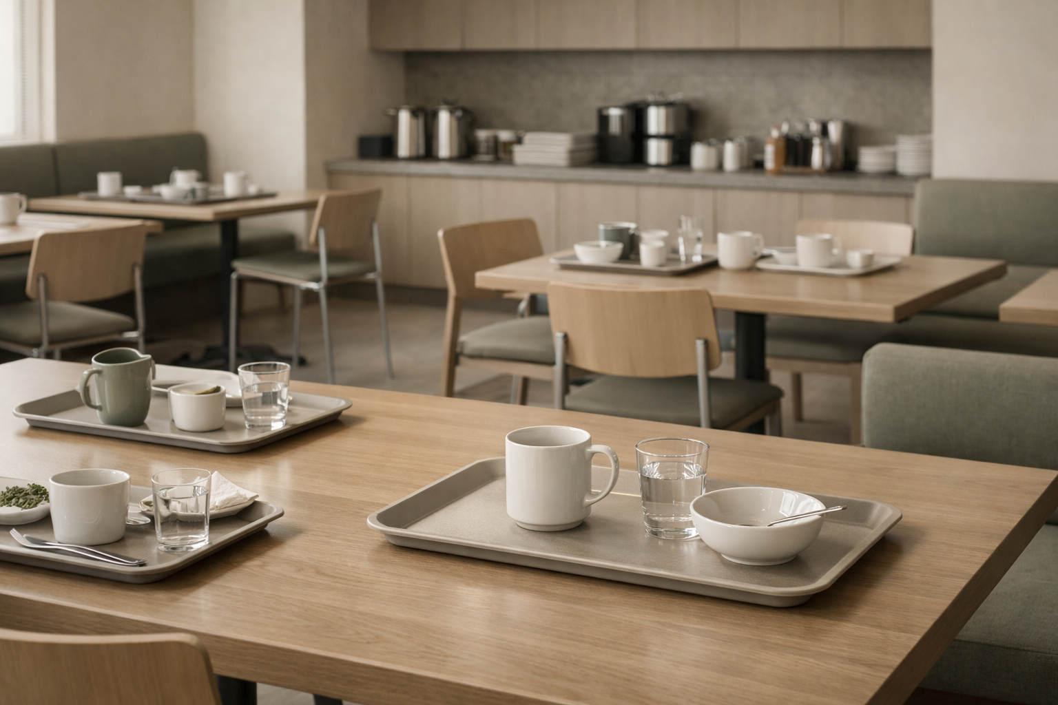 Leerer Speisesaal mit Holztischen und Stühlen, gedeckt mit Geschirr, Gläsern und Tassen für ein Frühstück, im Hintergrund eine Getränke- und Geschirrstation.