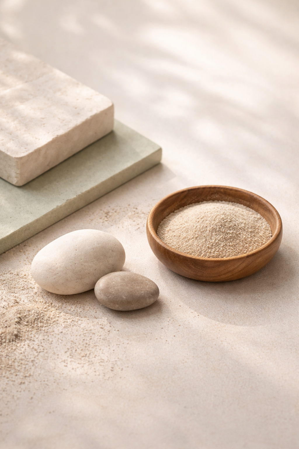 Stein, Sand und eine Schüssel mit Sand auf beige Hintergrund, kombiniert in einer ruhigen, natürlichen Anordnung.