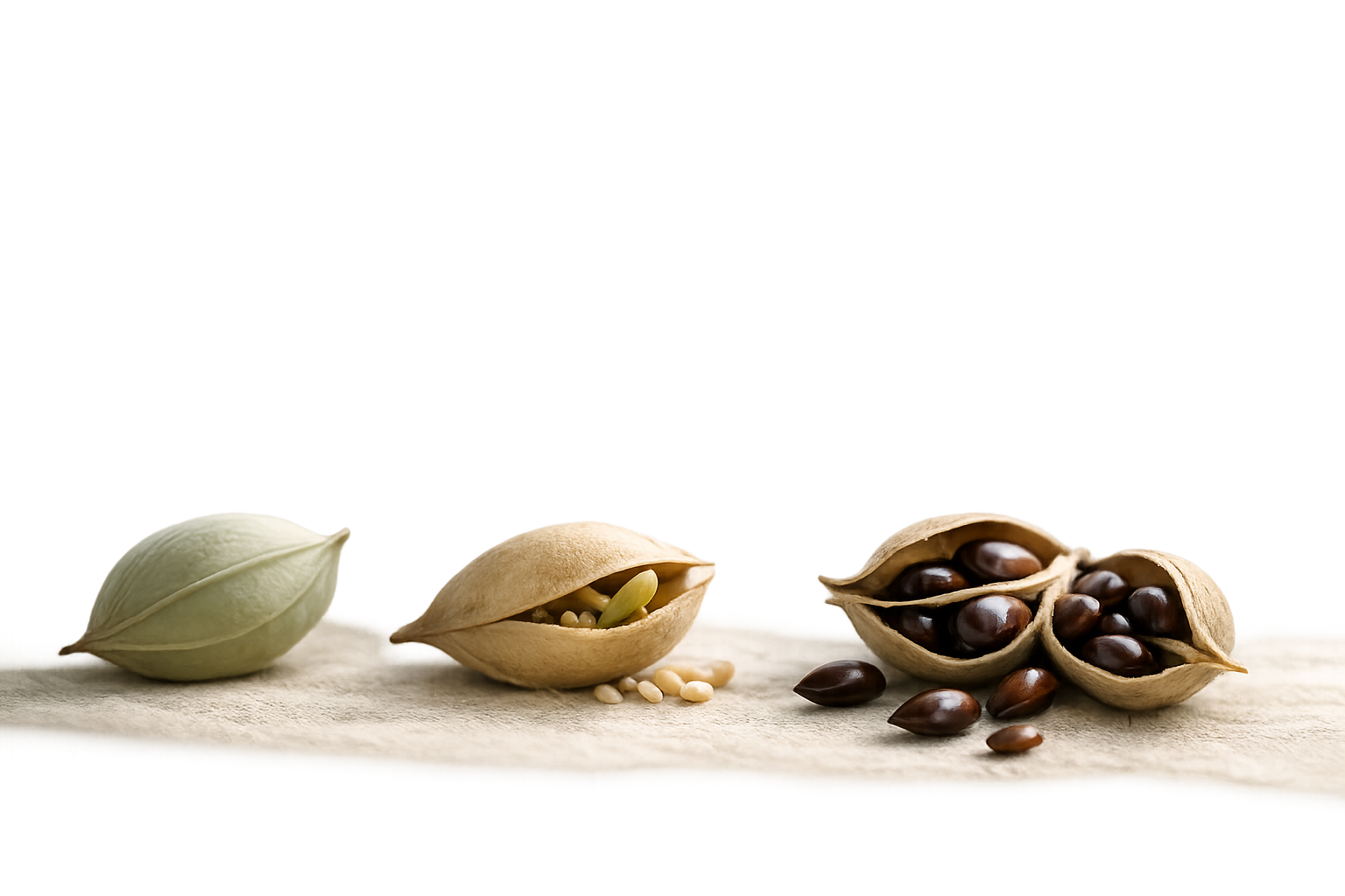 Verschiedene Nusssorten auf einer hellen Oberfläche, darunter Pistazien, Macadamianüsse und Kakaobohnen im offenen Fruchtgehäuse.