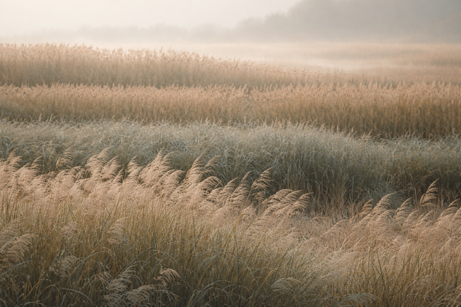 Ein nebliger Landschaftsbild mit hohem Gras und Getreidefeldern, lichtdurchflutet im Morgengrauen.